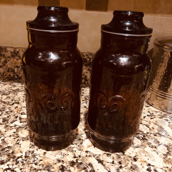 Vintage Style Fleur De Lis Design Amber Brown Glass Apothecary Jars (2) 9-1/4" - Picture 2 of 11